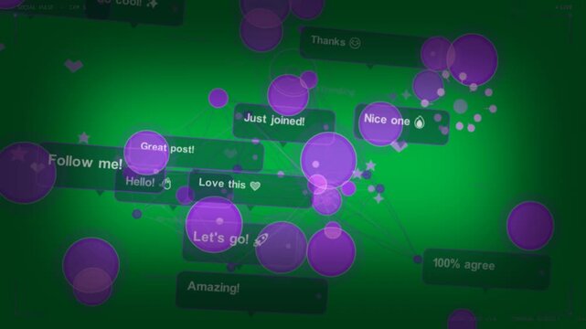 Network forming in transparent field, comments sparking node engagement and pulsing, copy space