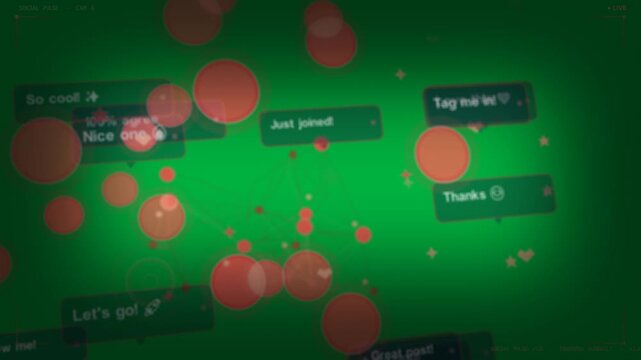 Pan right revealing red network, blue chats floating, showing engagement on transparent background