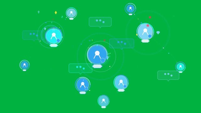 Network pulsing central hub sparking lines and chat bubbles showing social flow on transparent bg