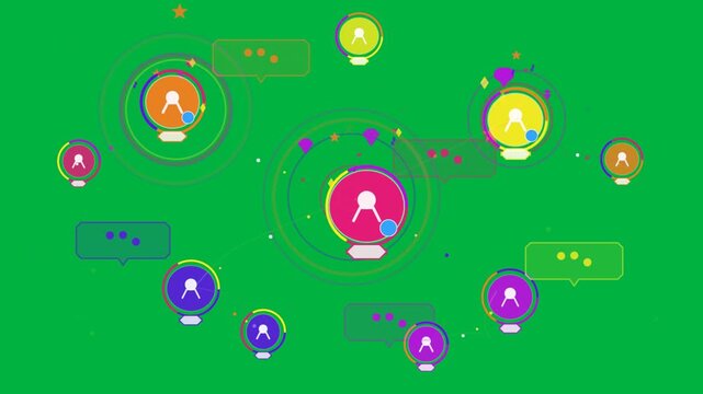 Magenta avatar hub emitting radial rings, connecting pulsing nodes, showing speech bubbles