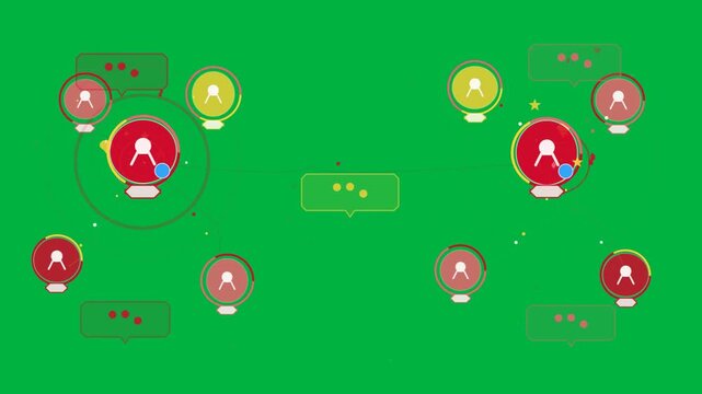 Opening central yellow bubble starting mirrored hubs pulsing, linking, signaling on transparent bg