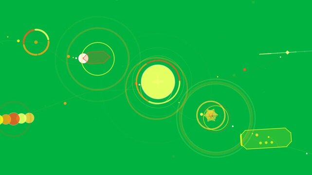 Capsule passing rings central disc pulsing clusters linking with orbiting dots on transparent field