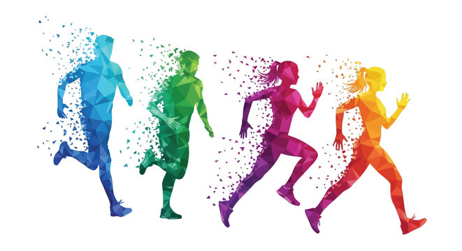 Diverse group of colorful geometric runners illustrating movement and speed in a modern vector graphic design.
