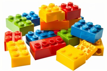 Obraz premium Colorful toy block bricks isolated white background detailed clean minimal construction set composition
