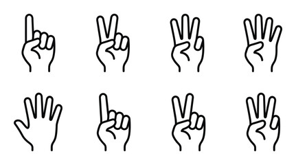 Fototapeta premium Counting fingers hand gesture collection showing numbers from one to five in thin outline vector art