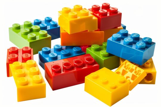 Colorful toy block bricks isolated white background detailed clean minimal construction set composition