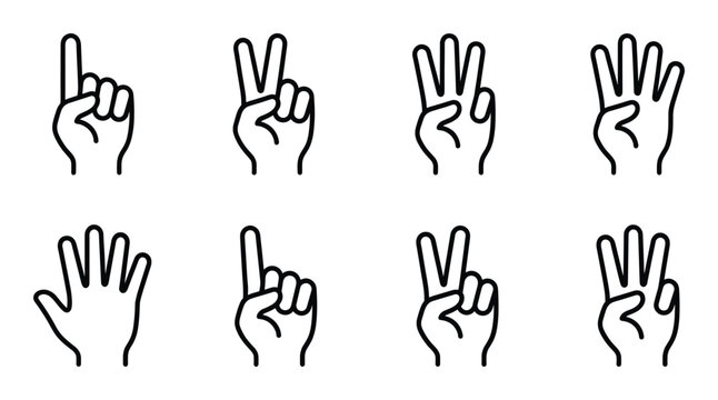 Counting fingers hand gesture collection showing numbers from one to five in thin outline vector art