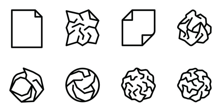 Crumpled paper sheet line icon set with crumpled and flat paper document vector illustration