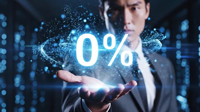 Businessman holding a glowing 0 percent symbol with digital particles in a dark server room zero percent