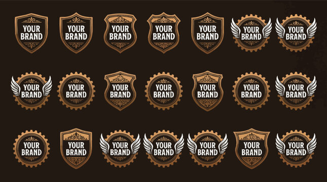 Vintage Bronze Logo Badge Templates with Shields and Gears.
