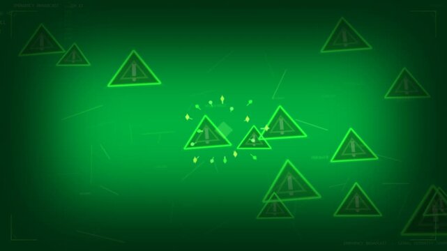 Neon triangles seeding swarm, moving inward, hitting square, pulsing alerts on transparent HUD