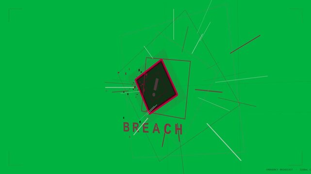 Sparking magenta breach emblem, rotating, glitching scan bars, signaling breach on transparent BG