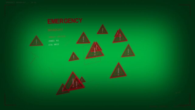 Red alert icons orbiting orange core, pulsing on transparent bg, EMERGENCY HUD fading in for alarm