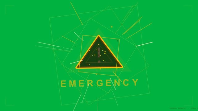 On load yellow triangle pulsing with rotating squares  and  rays, signaling EMERGENCY on transparent