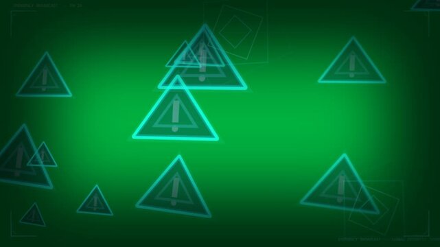 System alert starting teal alert triangles converging, pulsing on transparent HUD, showing shutdown