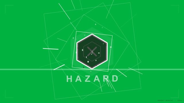 On start hex expanding, lines rotating, wireframes intersecting, revealing HAZARD on transparent bg