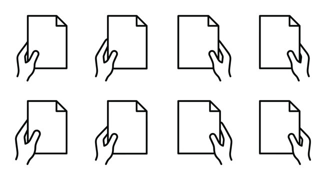 Hand holding paper icon set with left and right orientation showing document grip in black outlines