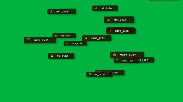 HUD tags appearing at init, drifting and clustering, flickering for system status on transparent bg