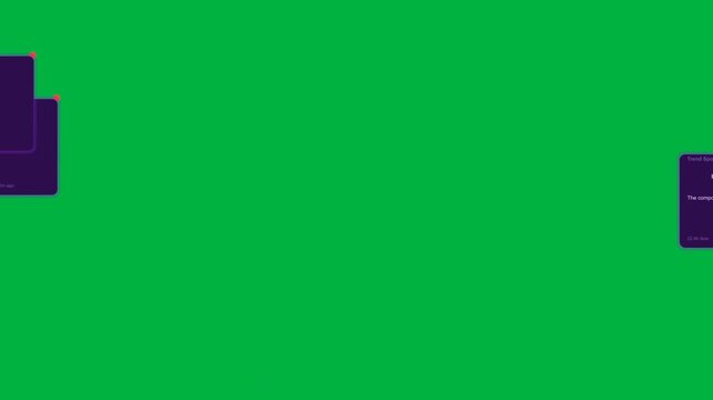 Purple cards entering left, stacking along dotted trails, showing alerts flow on transparent canvas