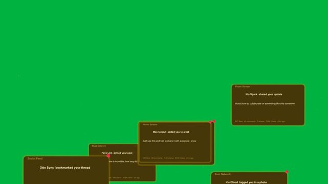 Single alert card appearing, cards spawning, stacking, sliding on transparent canvas showing flow