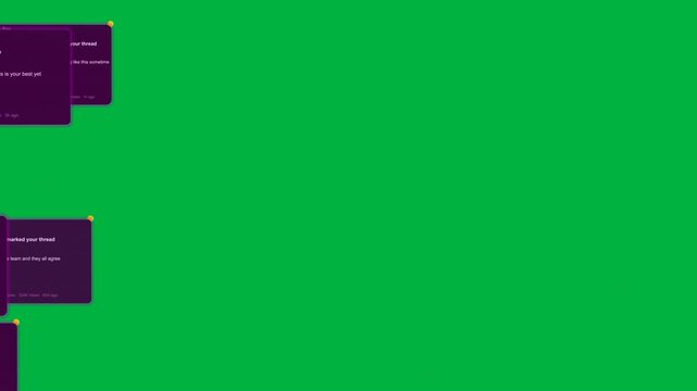 Purple notif cards entering left edge, stacking then fading, showing new alerts on transparent BG