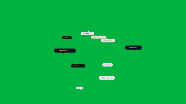 On play UI callouts and badges forming, shifting, fading on transparent canvas showing metrics