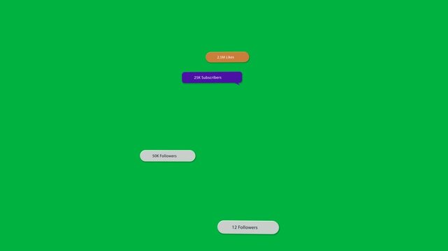On load badges appearing stacking sliding out showcasing social metrics on transparent background