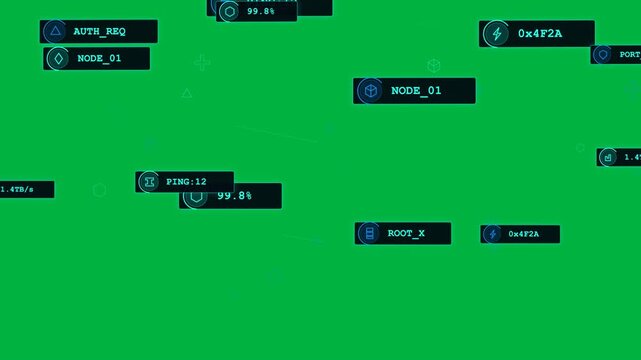 On load NODE_01,ROOT_X,PING:12 panels animating, icons drifting, showing net status, transparent