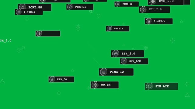 Badges spawning drifting right stacking linking updating metrics showing network on transparent bg