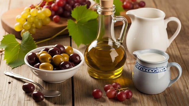 Grapes and olives on a rustic wooden table with olive oil and dairy products
