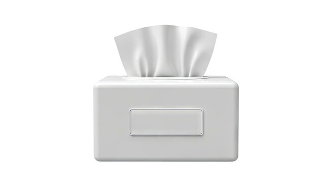 White tissue box with pulled out tissues on a white background
