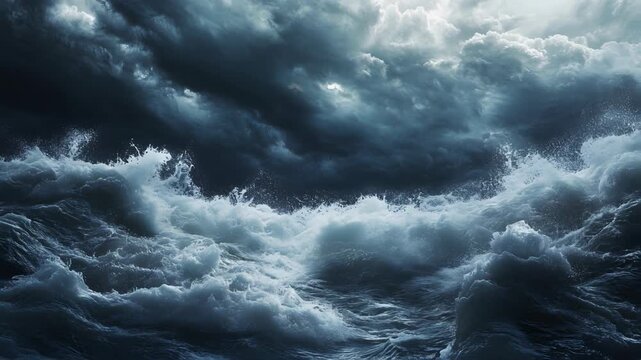 A dramatic ocean scene depicts churning waves under a dark, stormy sky