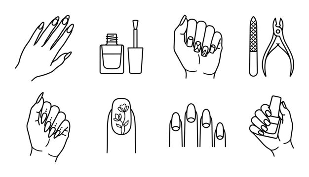 Nail care and manicure service icons featuring polish bottles file clippers and decorated fingertips