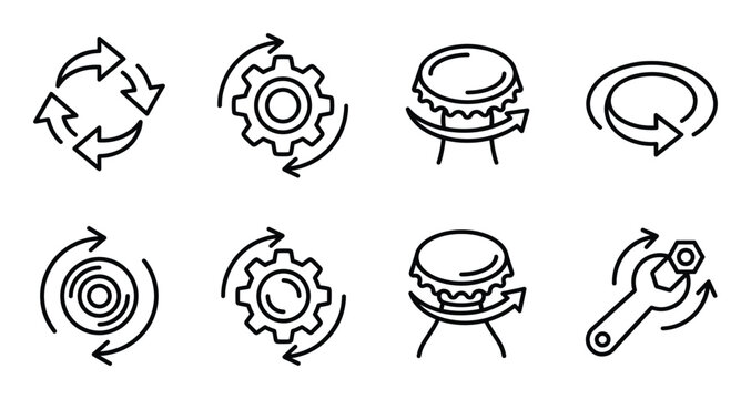 Set of black line rotating arrow and gear icons vector on transparent background. motion symbols