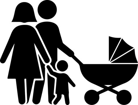 Family, parents, and baby stroller, black silhouette vector icons