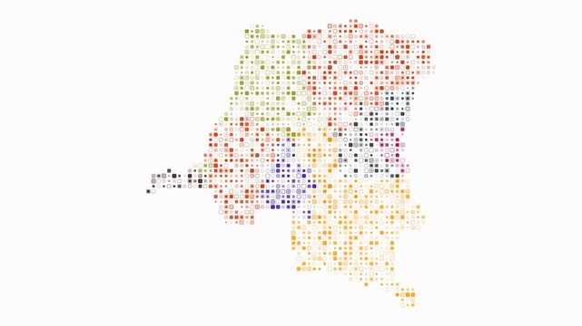 Democratic Republic of the Congo map animation. Shape of the country with pulsating colored dots. Small size rounded square blocks.