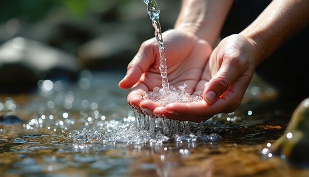 Human hands cup clear running water from stream outdoors. Person washes hands, feels cool liquid splash. Pure freshness, natural hygiene, thirst quencher.