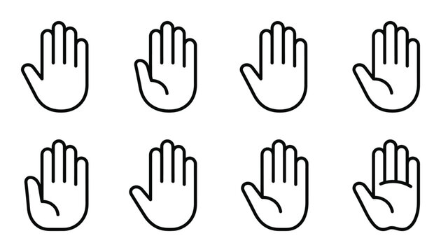 Stop hand line icon set open palm gesture warning and prohibition signal human body part