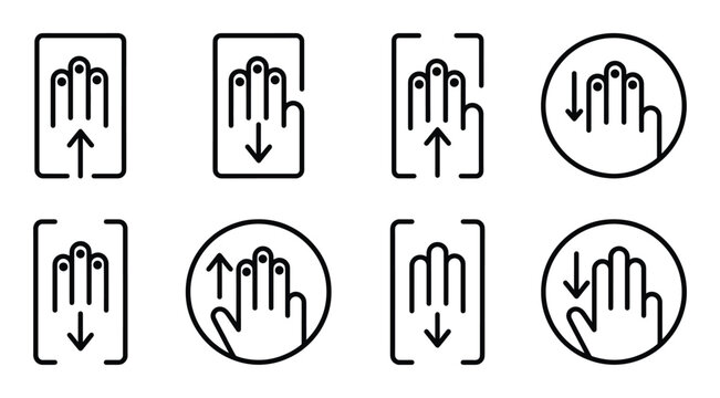 Three finger multi touch gesture icons set for vertical scrolling and window management on trackpad