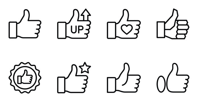 Thumbs up icon set with different variations like heart star and arrow for social media interaction