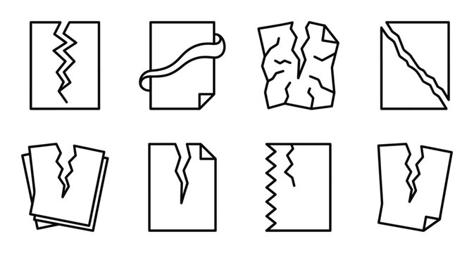 Torn paper icon set featuring different ripped document silhouettes and damaged sheet outline shapes