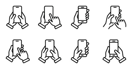 Obraz na płótnie Canvas Vertical mobile phone gestures icon set with hands touching screen for app navigation and scrolling