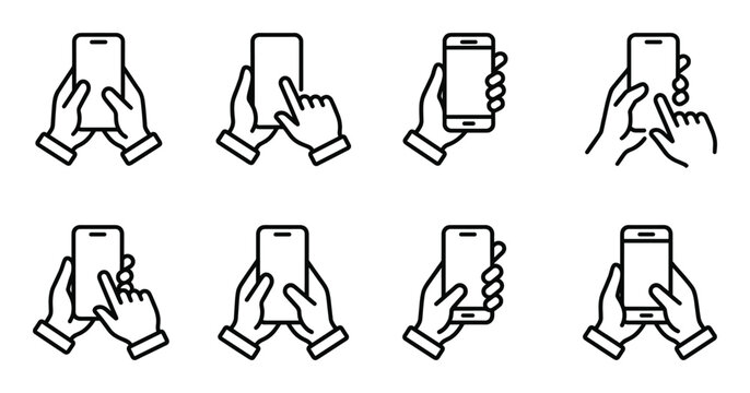 Vertical mobile phone gestures icon set with hands touching screen for app navigation and scrolling