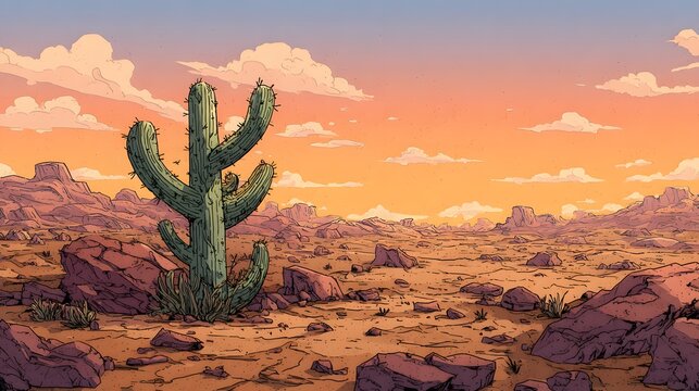 cactus in desert baren, cartoon style, hand drawing, 