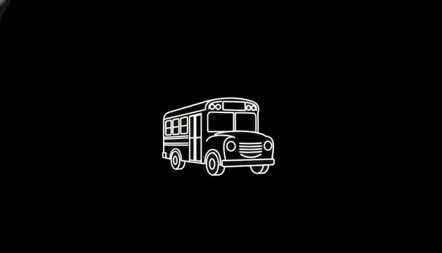 White school bus illustration on black background, simple cartoon style