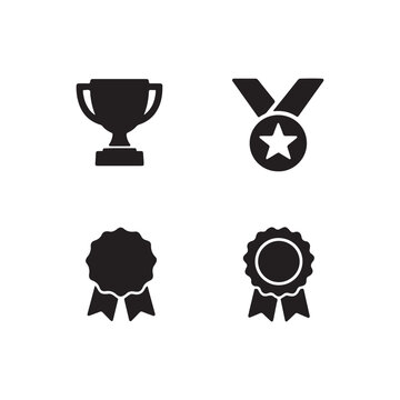 Black silhouettes of a trophy medal and two rosette awards