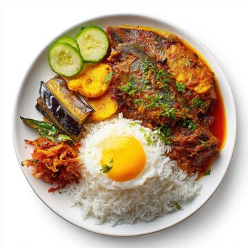 Fish Ambul Thiyal with Rice Sri Lankan dinner food plate isolated on a white background