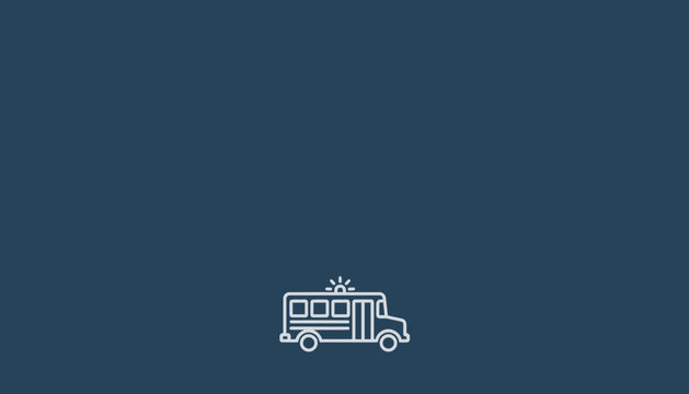 White outline icon of a school bus with flashing lights on a dark blue background