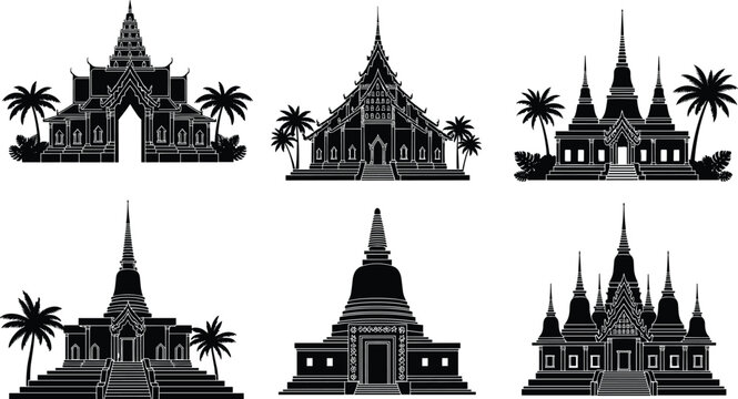 Southeast Asian temple and stupa silhouettes with palm trees traditional architecture black and white vector illustration cultural heritage collection