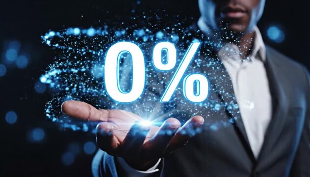 Man presenting a glowing 0% digital percentage with blue particles emanating from his hand zero percent